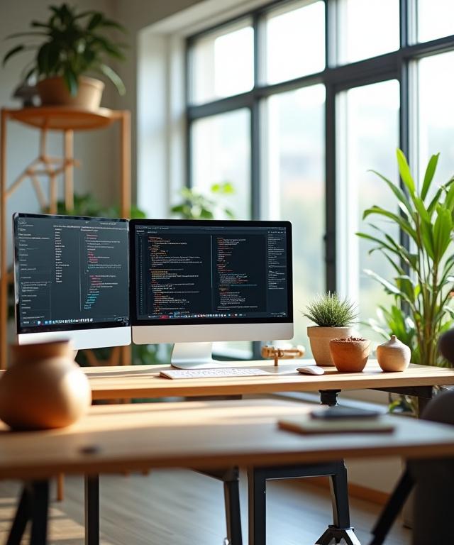 Ein heller, moderner Büroraum mit Holzakzenten, in dem handgefertigte Objekte neben Computerbildschirmen mit Code stehen.